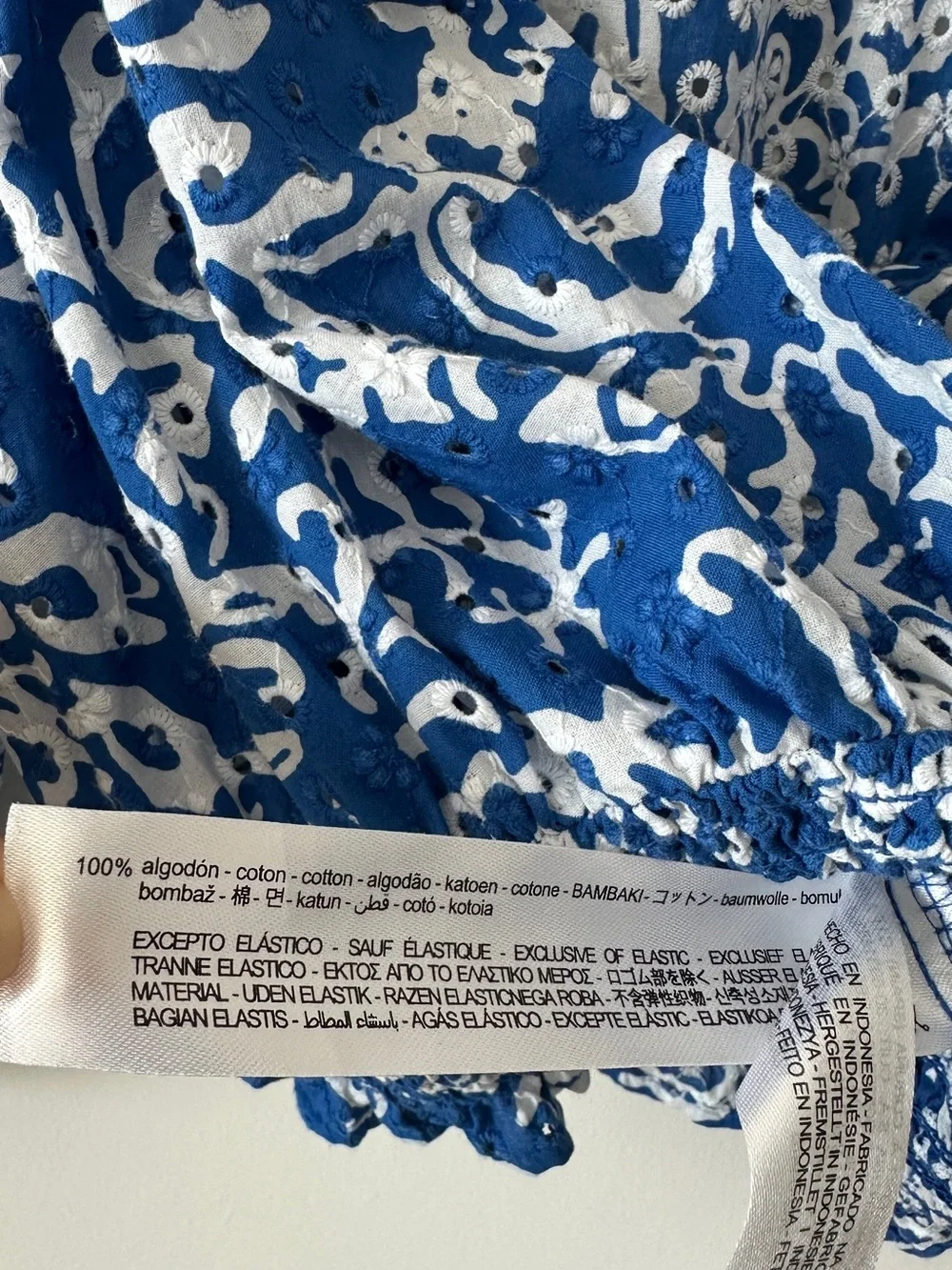Zara Blue and White Floral Print V-Neck Smocked Waist Blouse